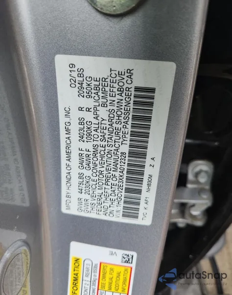2019 Honda Accord Sport from USA, damaged, VIN 1HGCV2E3XKA012328